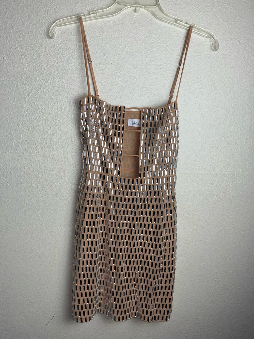 Oh Polly Embellished Nude Mirror Beaded Mini Dress